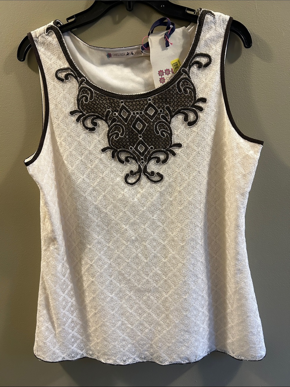 Chelsea & Violet White Tank Top with Black Embroidered Neckline